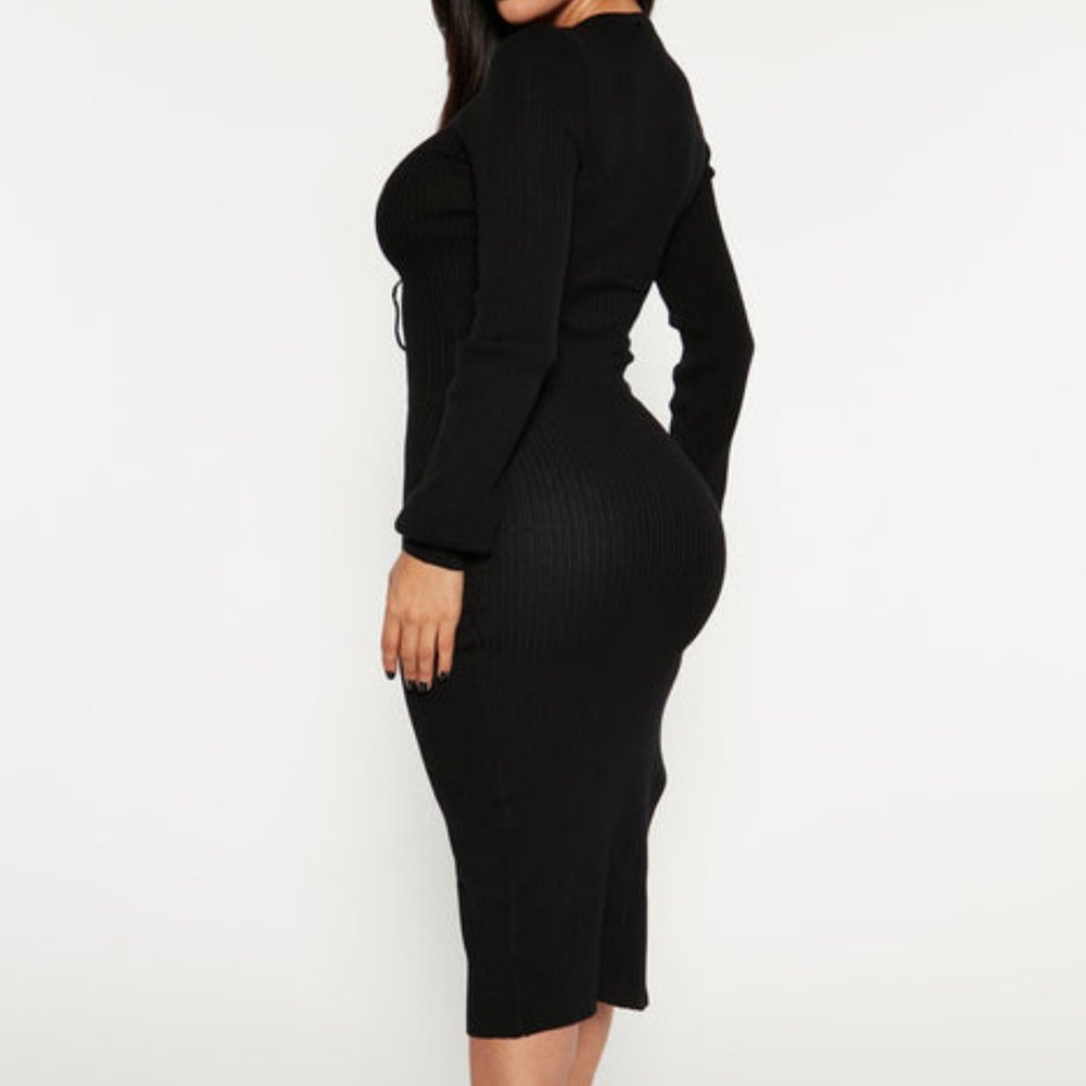 Cozy Womens V-Neck High Slit Sweater Midi Dress - Black - Picture 2 of 3